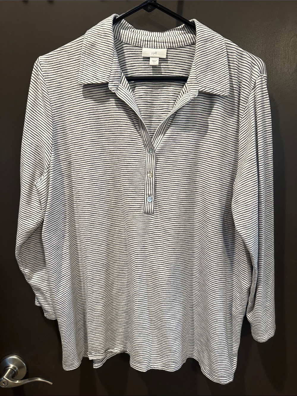 J. Jill Black & White Striped Henley 3/4 Sleeve Top